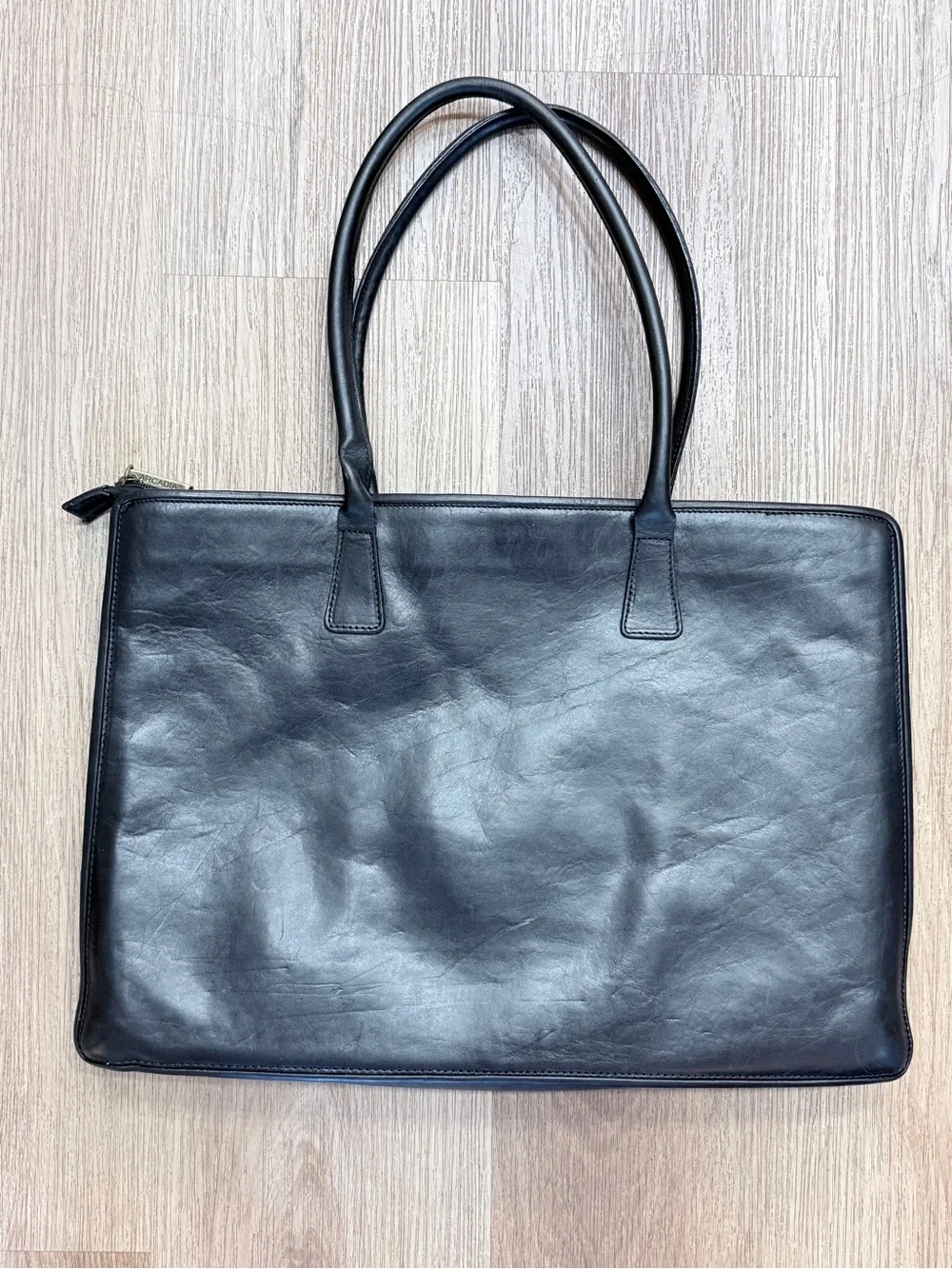 Arcadia Black Leather Tote with Double Top Handles Purse Handbag